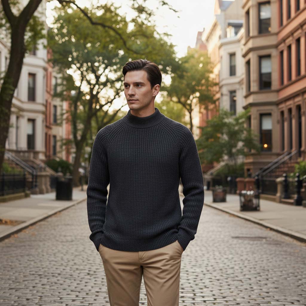 Club1972 | Men's Classic Ribbed Wool Mock Neck Sweater