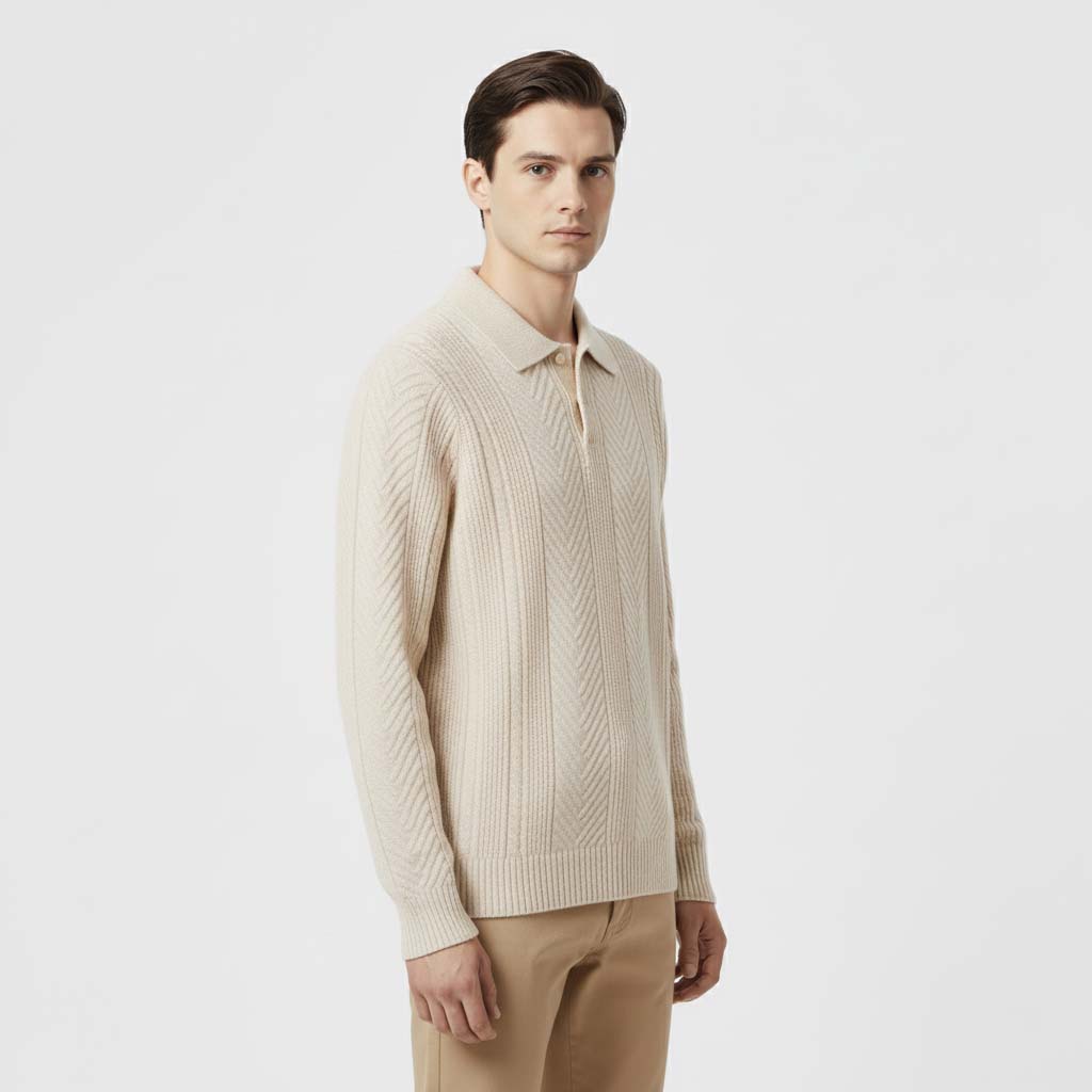 Club1972 | Men's Classic Wool Chevron Knit Polo Sweater