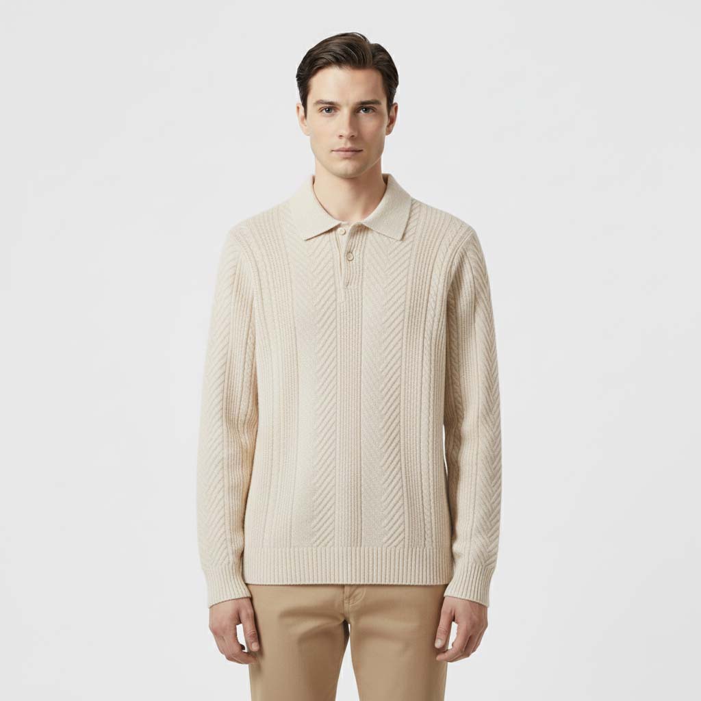 Club1972 | Men's Classic Wool Chevron Knit Polo Sweater