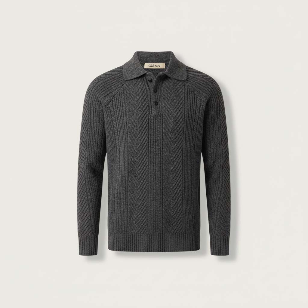 Club1972 | Men's Classic Wool Chevron Knit Polo Sweater