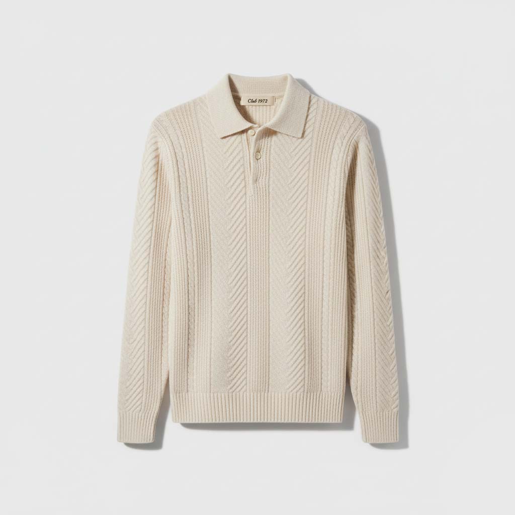 Club1972 | Men's Classic Wool Chevron Knit Polo Sweater